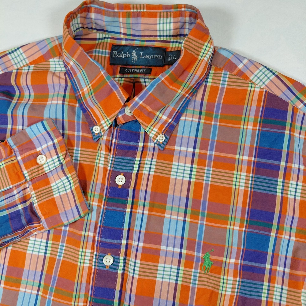 Ralph Lauren Custom‎ Fit Mens Large Orange Plaid Button Down Shirt Long Sleeve